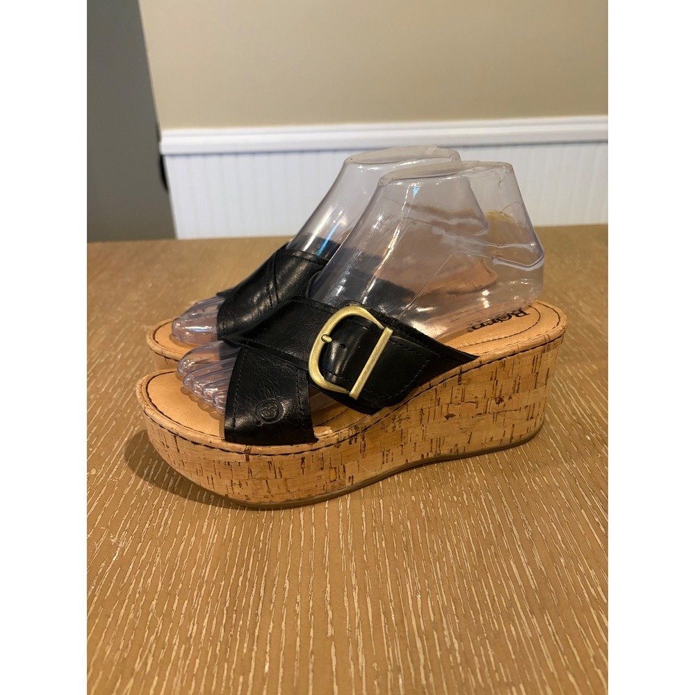 Born Goma Women's Size 7 M Black Leather Cork Wedge Slide Sandals Buckle - Picture 5 of 6
